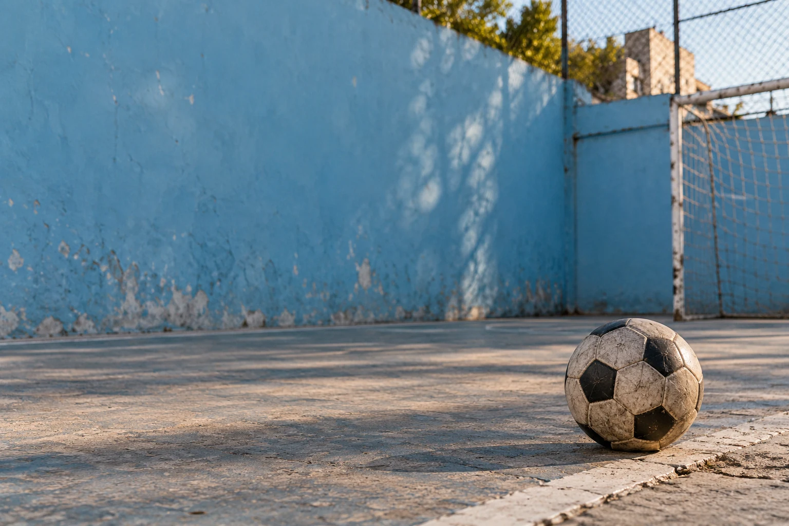 Un balón junto a una portería en una cancha de barrio celeste